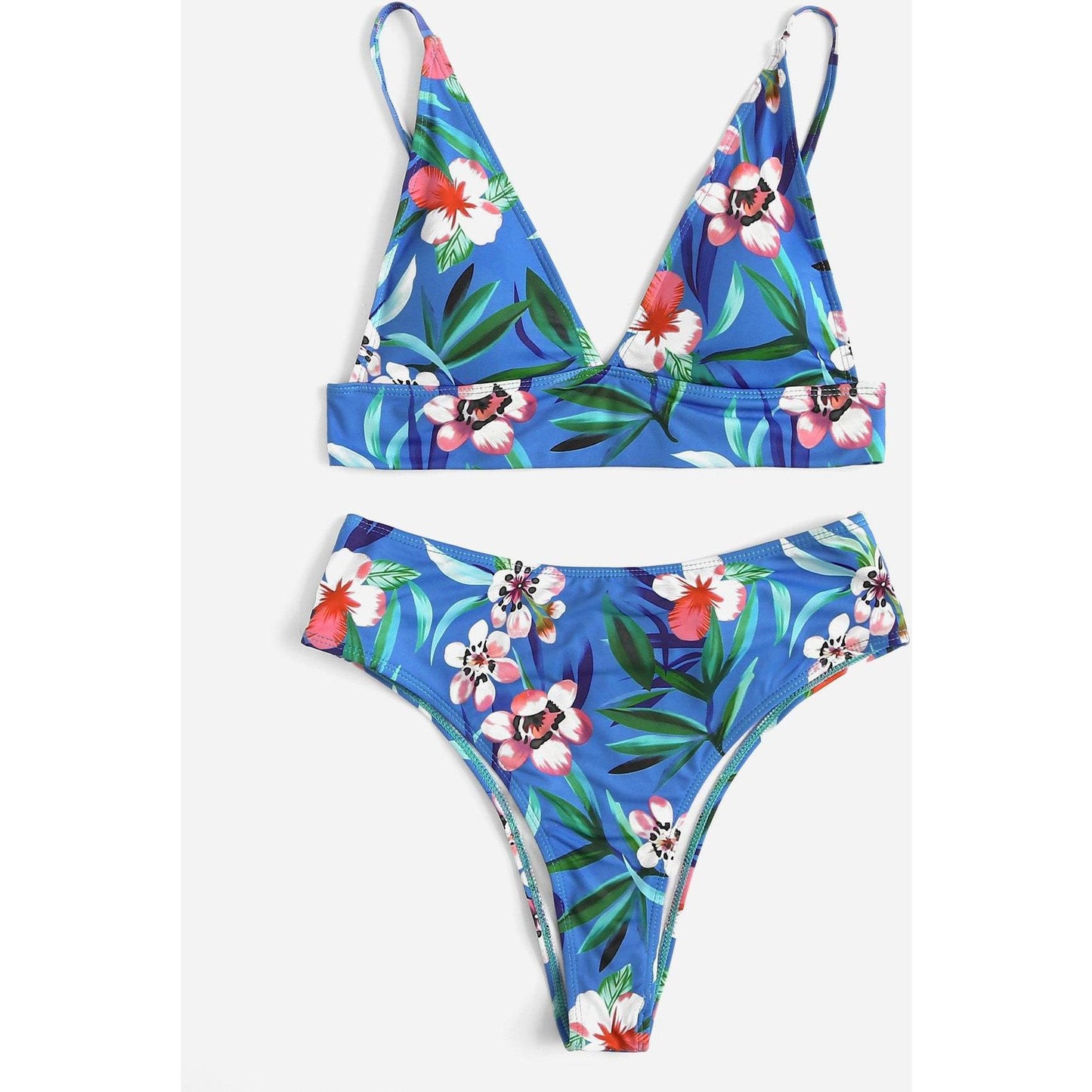 Blue Flower & Leaf Print Bikini Set