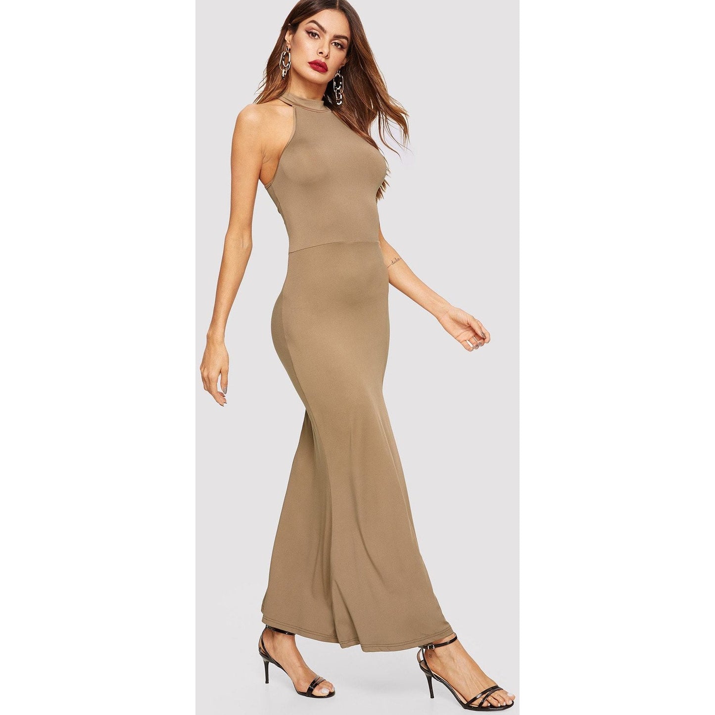 Button Keyhole Back Split Halter Maxi Dress