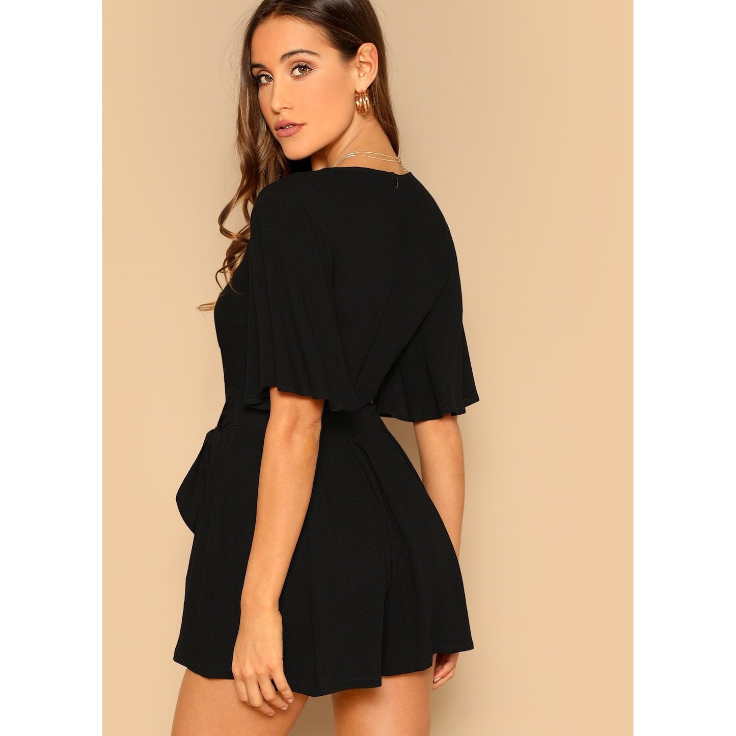 Deep V Neck Flutter Sleeve Belted Romper