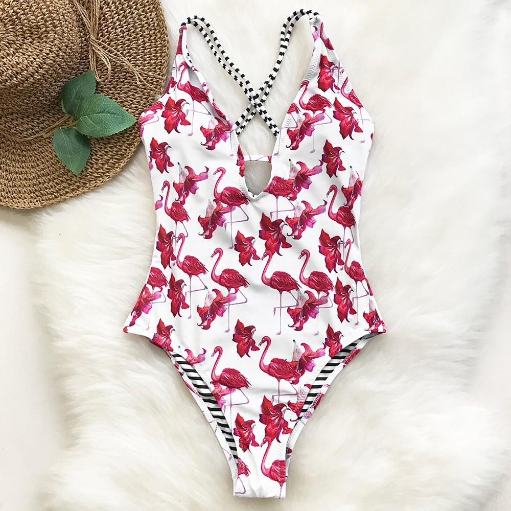 Dark Pink Flamingo Print One Piece Swimsuit