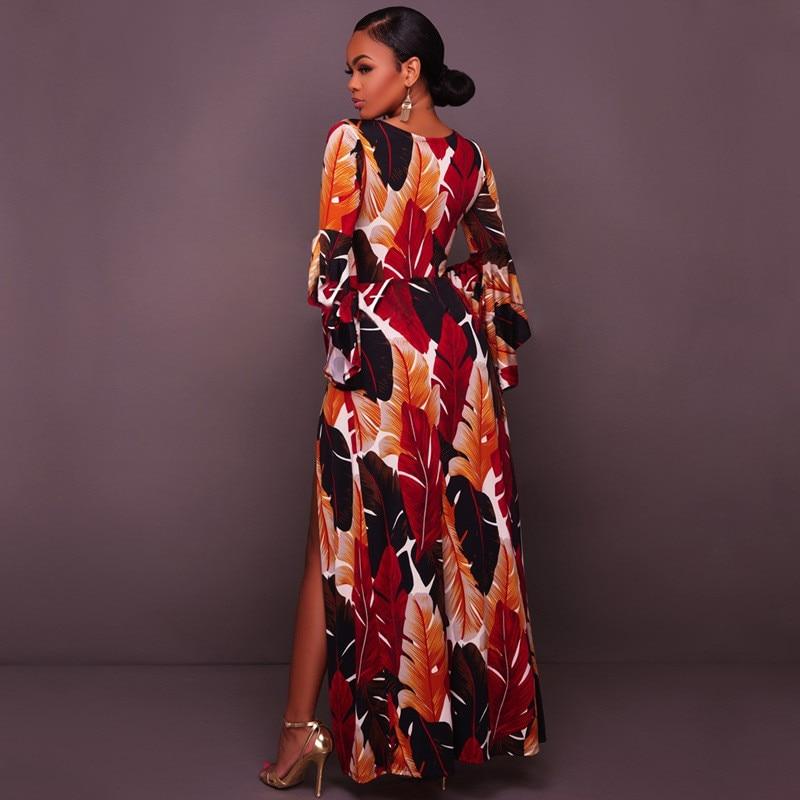 Feather Print Flare Sleeve Maxi Dress