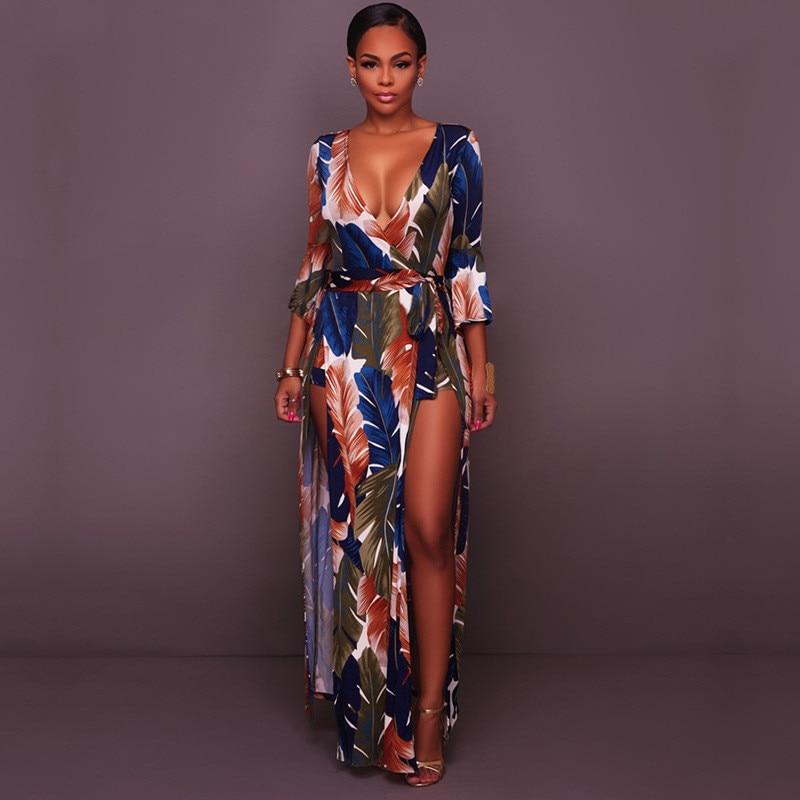 Feather Print Flare Sleeve Maxi Dress