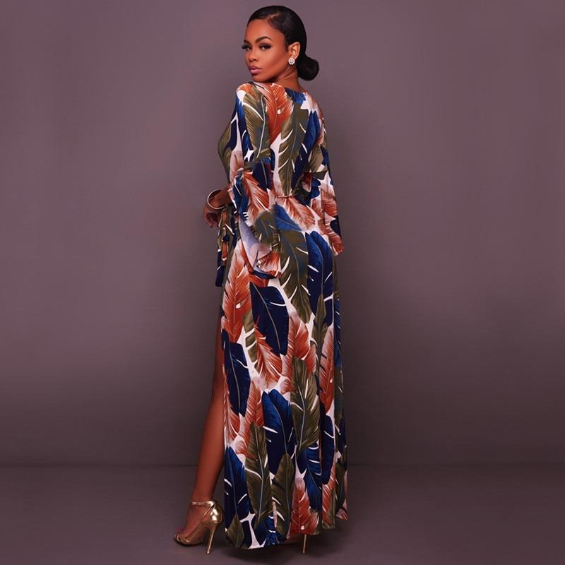 Feather Print Flare Sleeve Maxi Dress