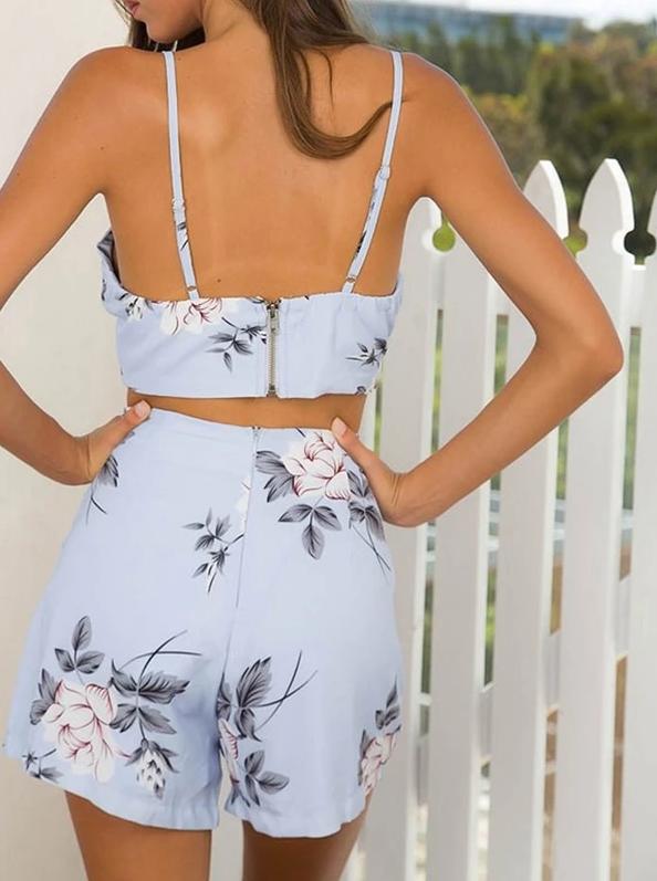 Blue Floral Print Two Piece Bow Set