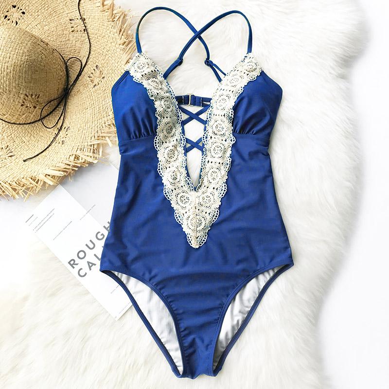 Lace Splicing Open Back One Piece Swimsuit