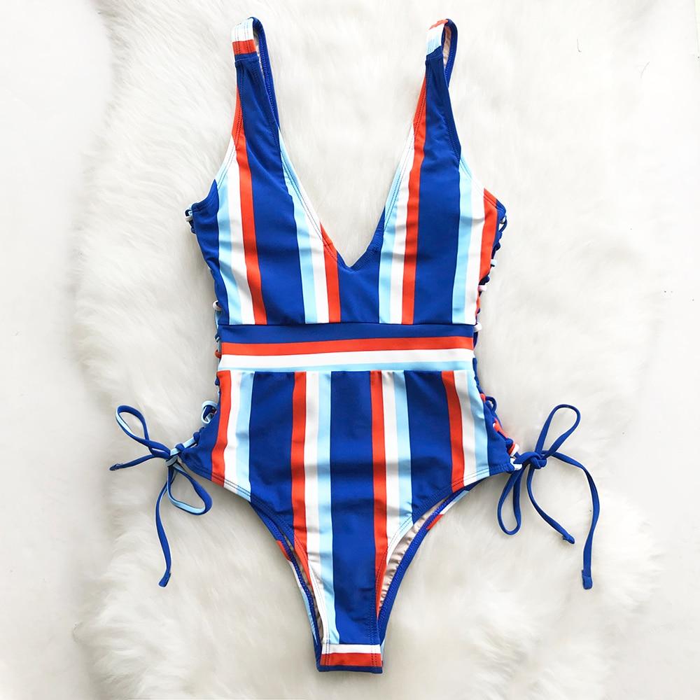 One More Stripe Lace Up One Piece Swimsuit