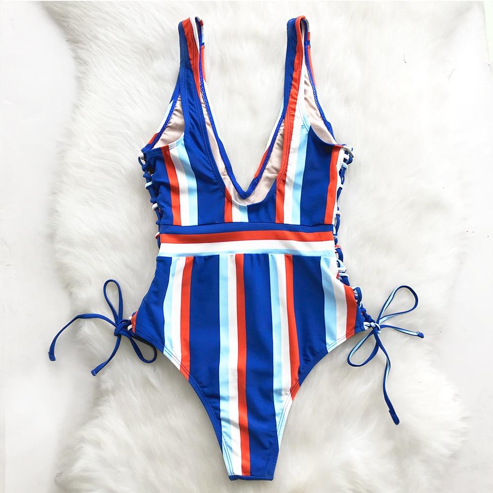 One More Stripe Lace Up One Piece Swimsuit