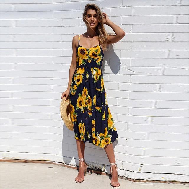 Sunflower Print Backless Sundress