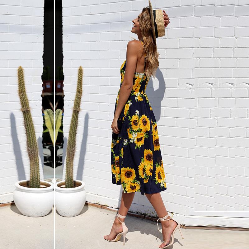 Sunflower Print Backless Sundress