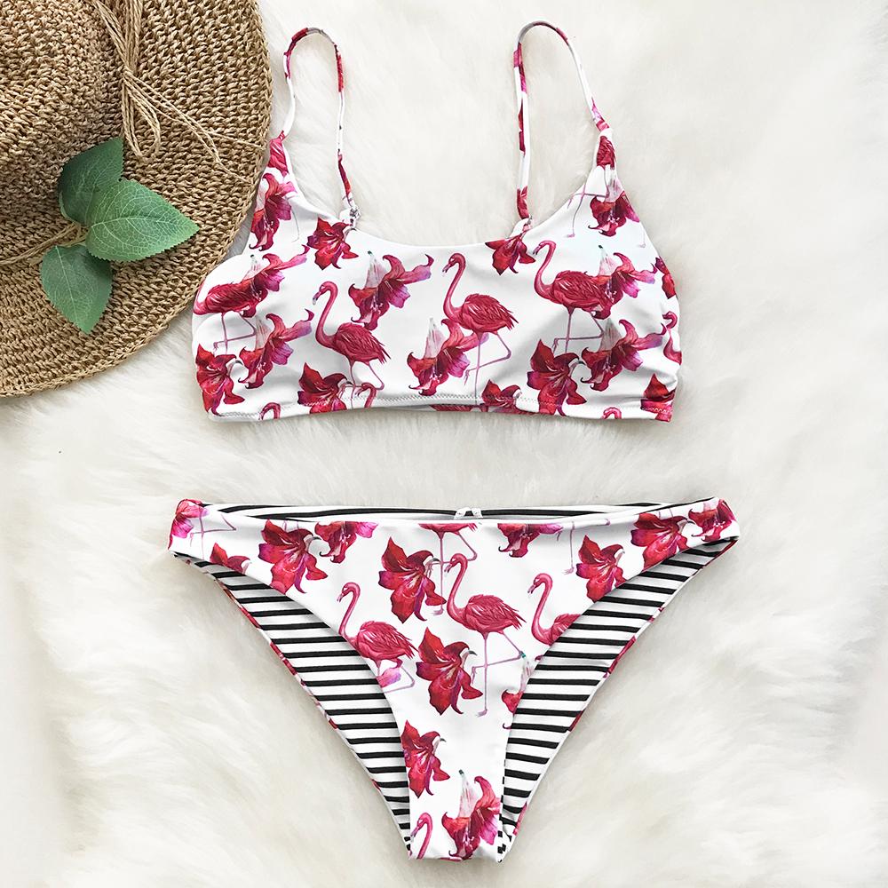 Dark Pink Flamingo Print Reversible Bikini Set