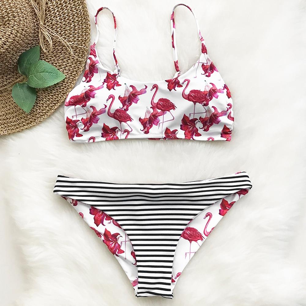 Dark Pink Flamingo Print Reversible Bikini Set