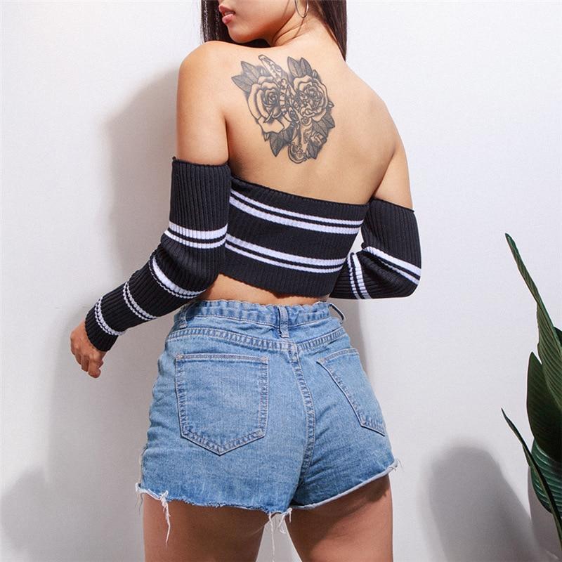 Cher Striped Off Shoulder Crop Top