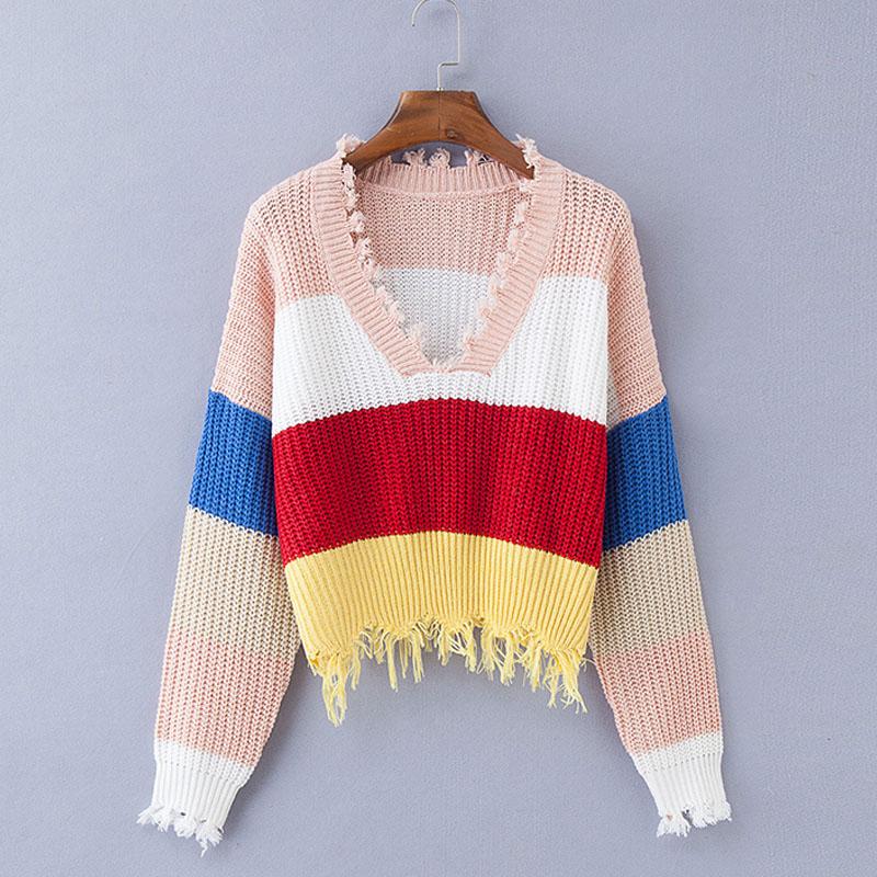 Rainbow Stripe Deep V Neck Sweater