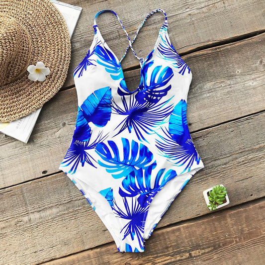 Blue And White Leaf Print One Piece Swimsuit