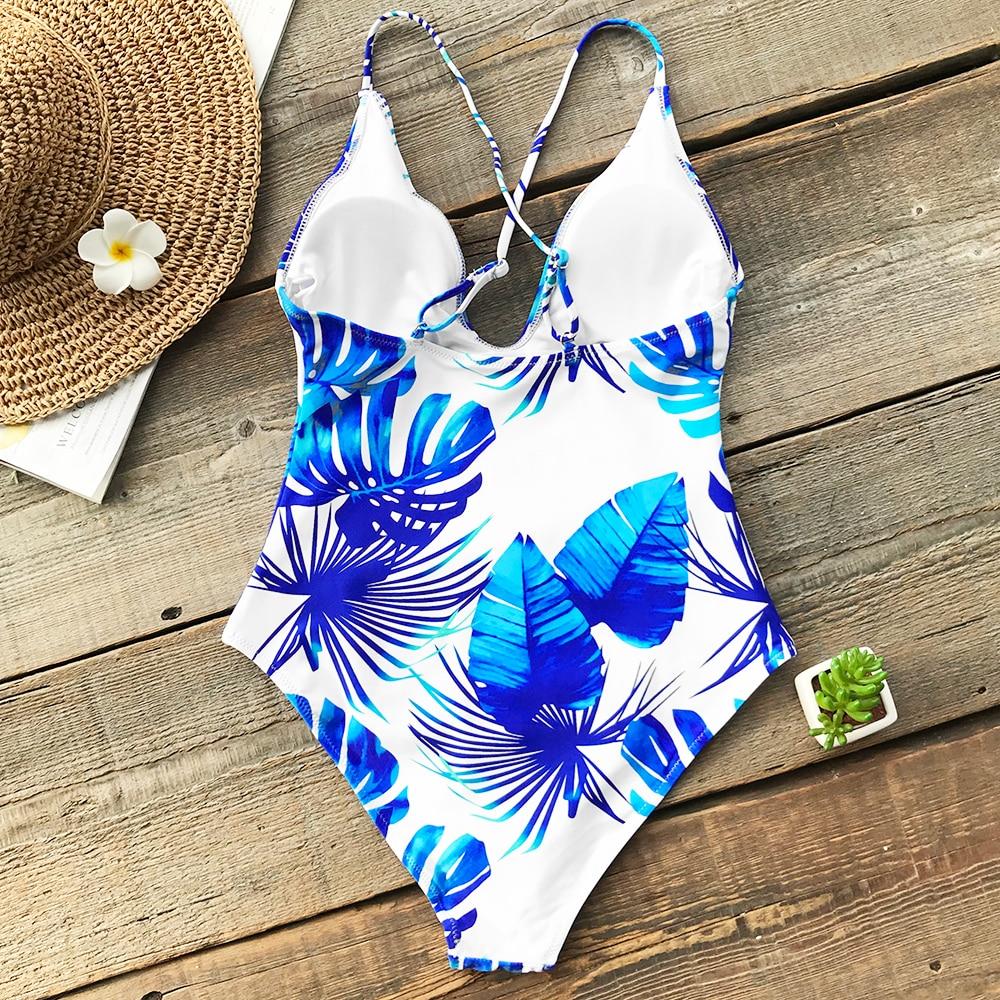 Blue And White Leaf Print One Piece Swimsuit