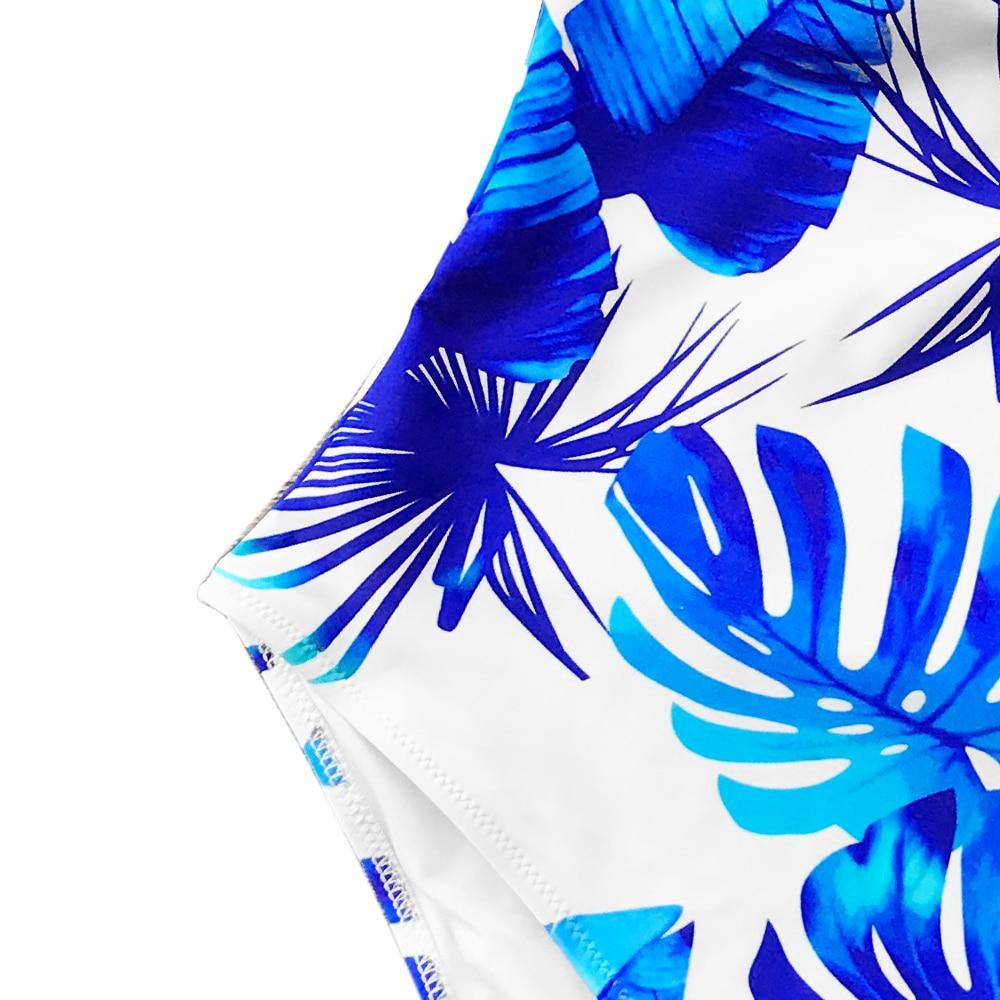 Blue And White Leaf Print One Piece Swimsuit