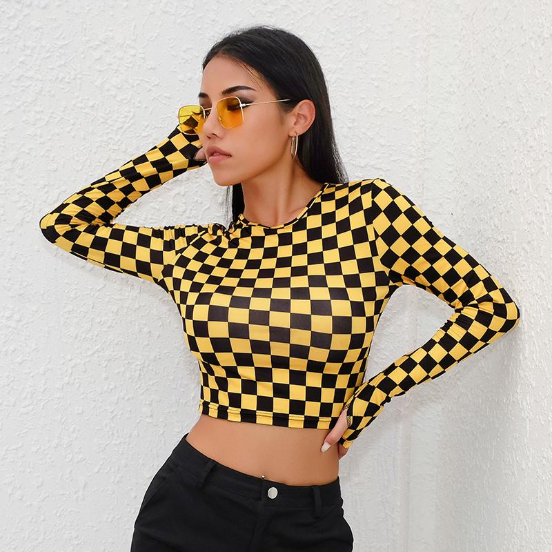 Yellow Checkerboard Long Sleeve Crop Top