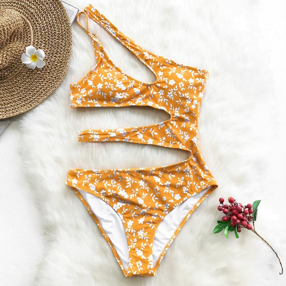 Yellow Flora Print Cut Out One Piece Swimsuit