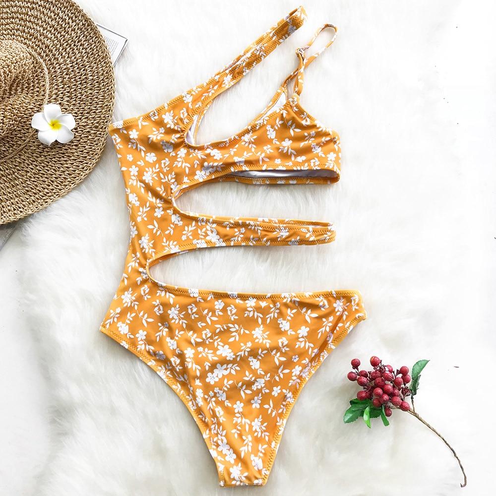 Yellow Flora Print Cut Out One Piece Swimsuit
