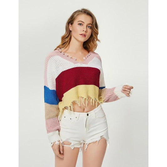 Rainbow Stripe Deep V Neck Sweater