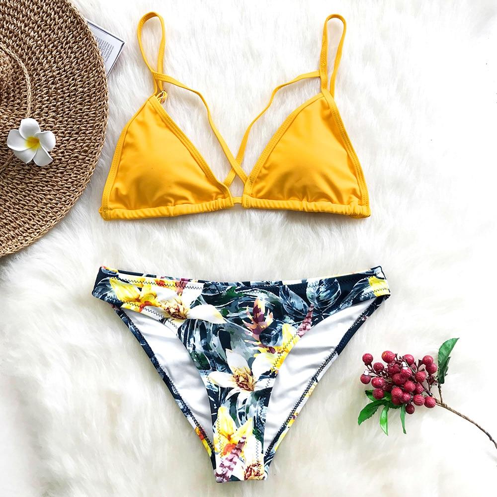 Yellow Floral Print And Solid Cross Bikini Set