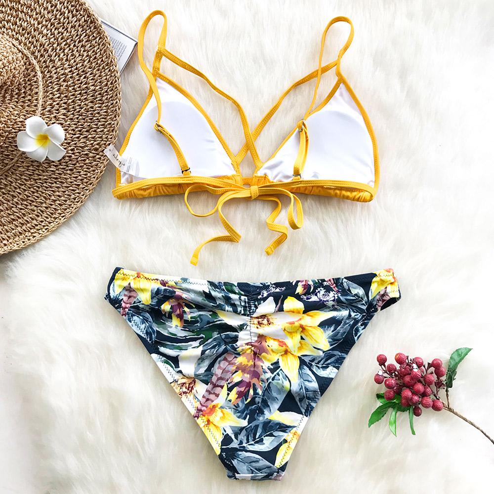 Yellow Floral Print And Solid Cross Bikini Set