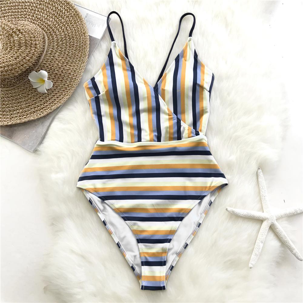 Blue And Yellow Stripe One Piece Swimsuit