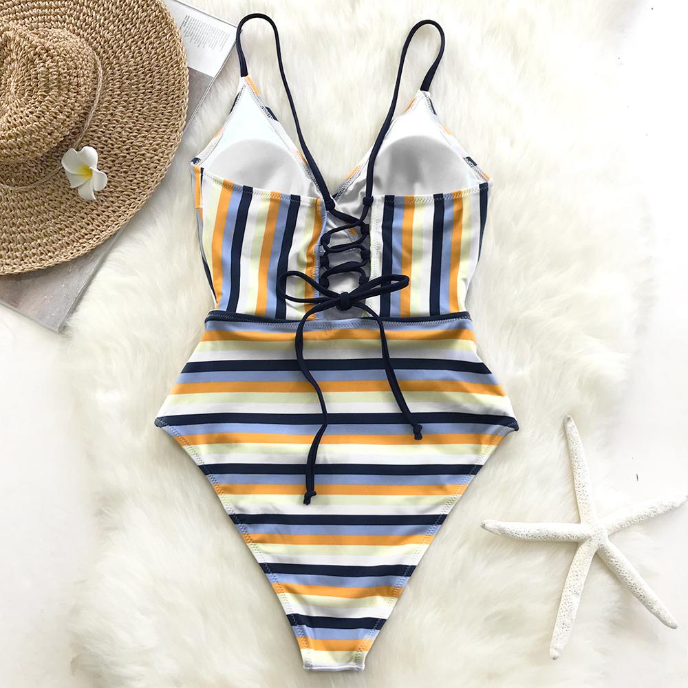 Blue And Yellow Stripe One Piece Swimsuit