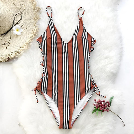 Orange And Black Stripe One Piece Swimsuit