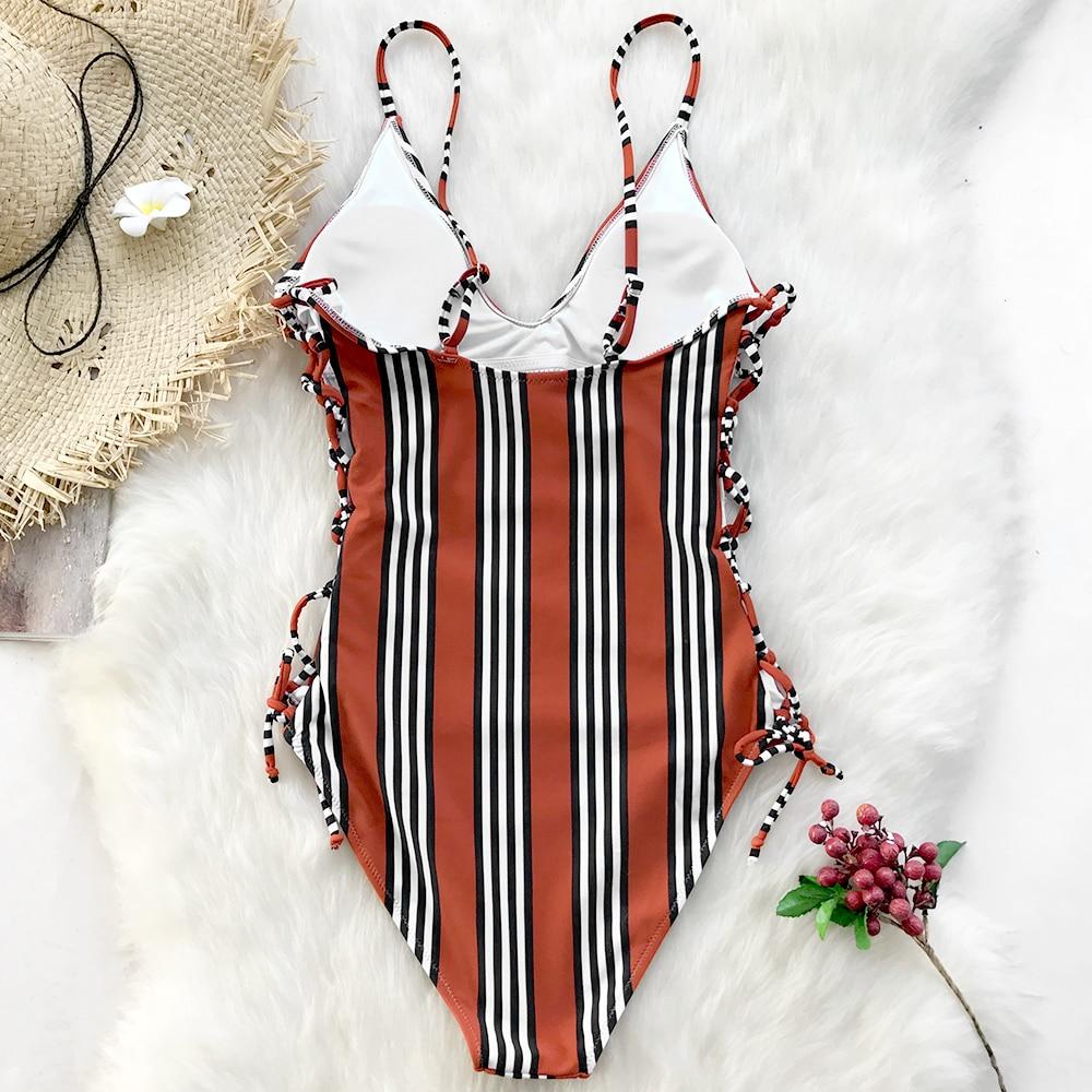 Orange And Black Stripe One Piece Swimsuit