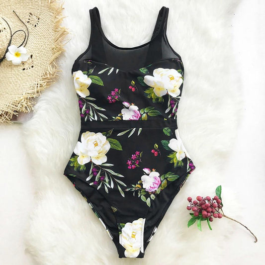 Lotus Floral Print Mesh One Piece Swimsuit