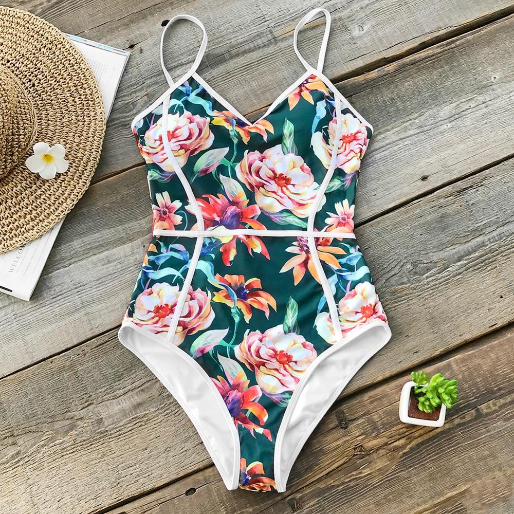 Tropical Pink Floral Print V-neck One Piece Swimsuit