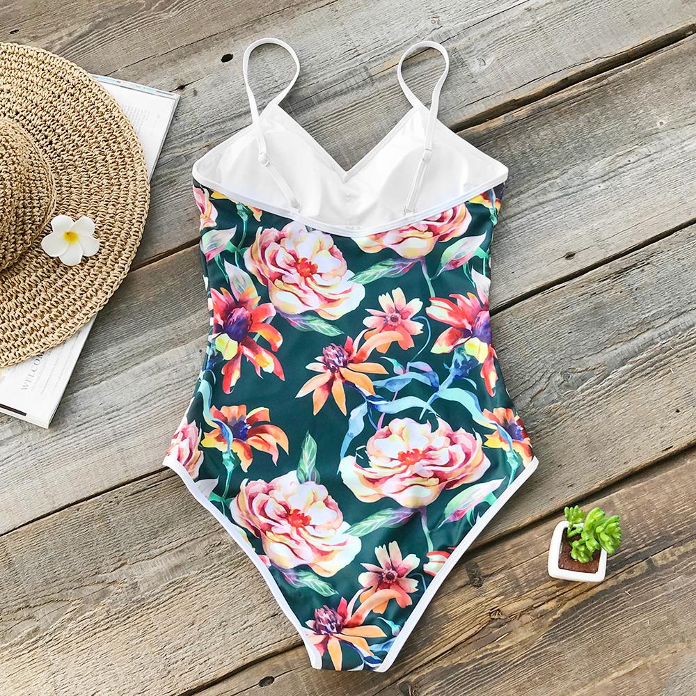 Tropical Pink Floral Print V-neck One Piece Swimsuit