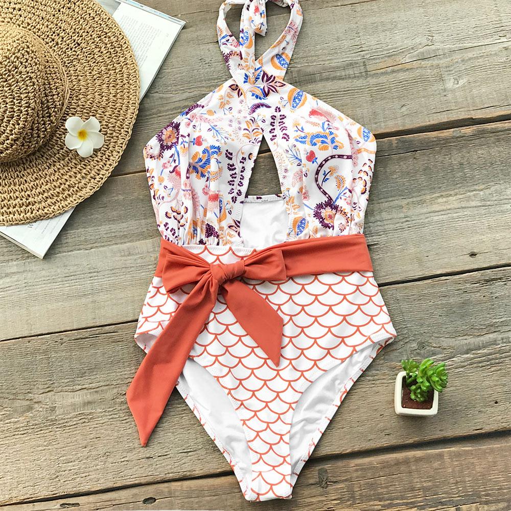 Orange Scale Print Belt One-Piece Swimsuit