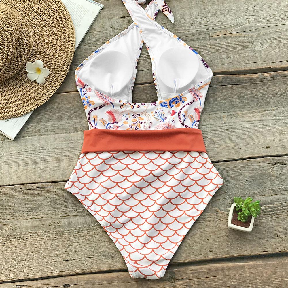 Orange Scale Print Belt One-Piece Swimsuit