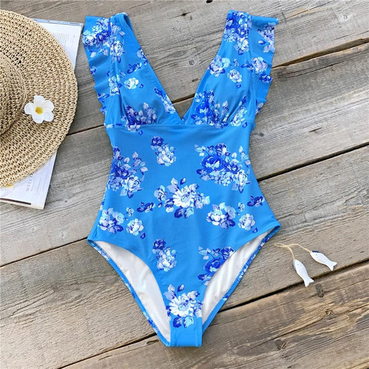 Cute Blue Floral Print One Piece Swimsuit