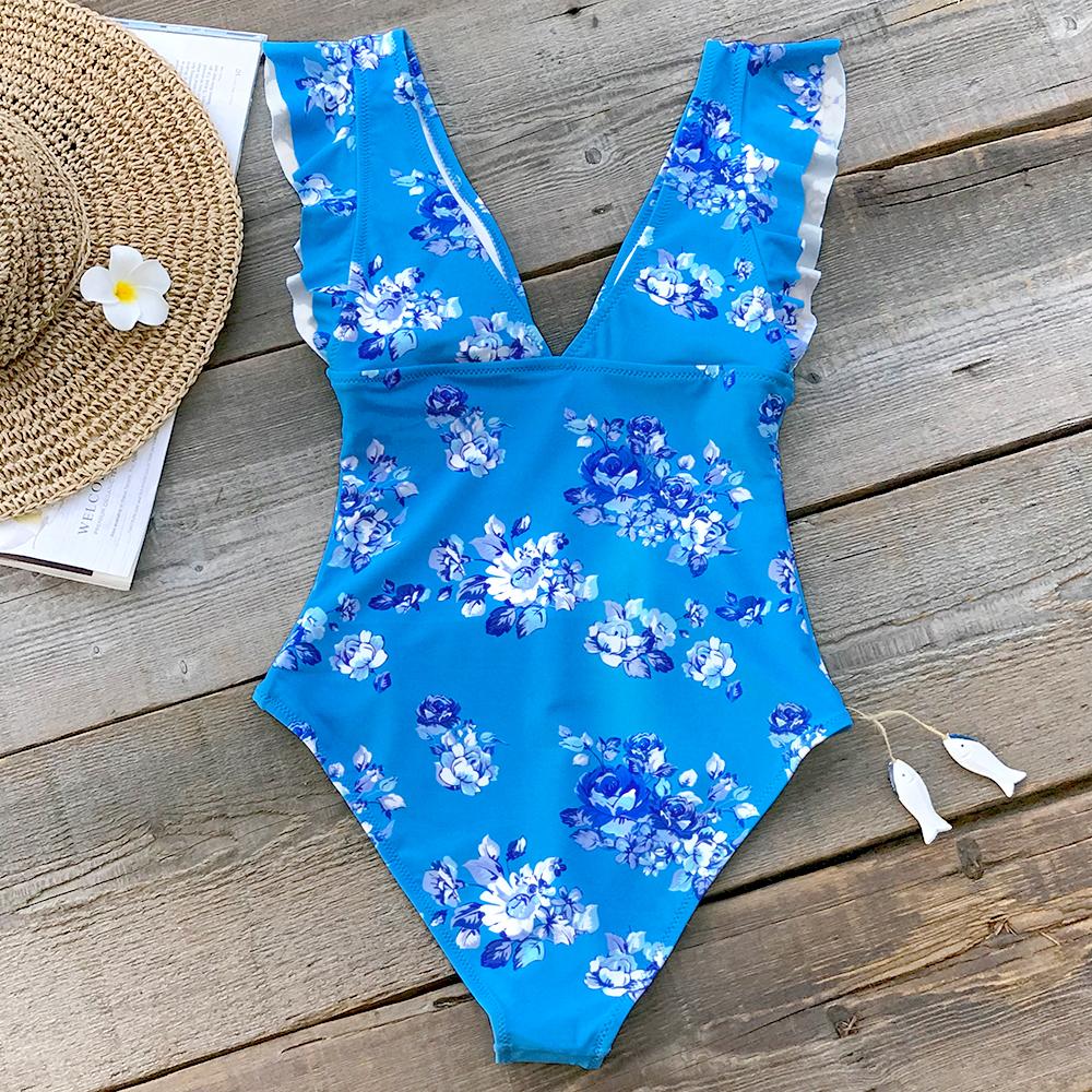 Cute Blue Floral Print One Piece Swimsuit