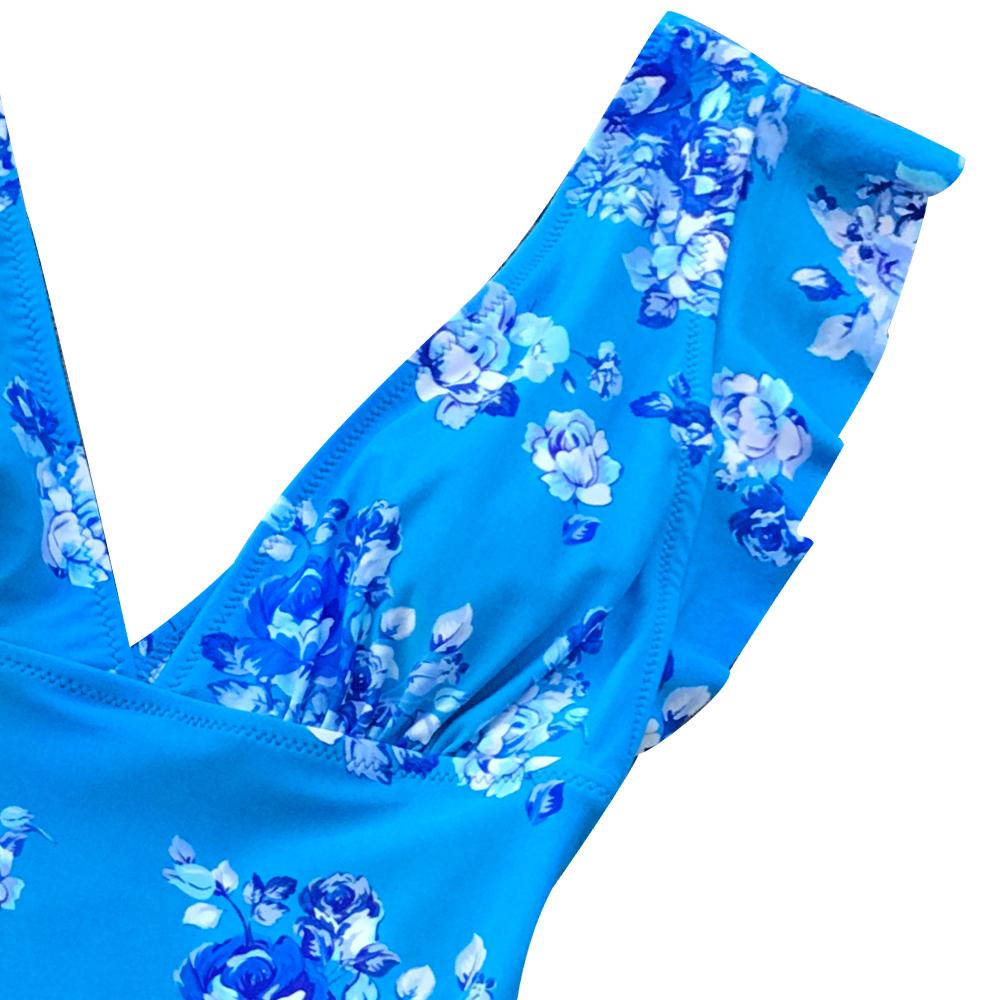 Cute Blue Floral Print One Piece Swimsuit