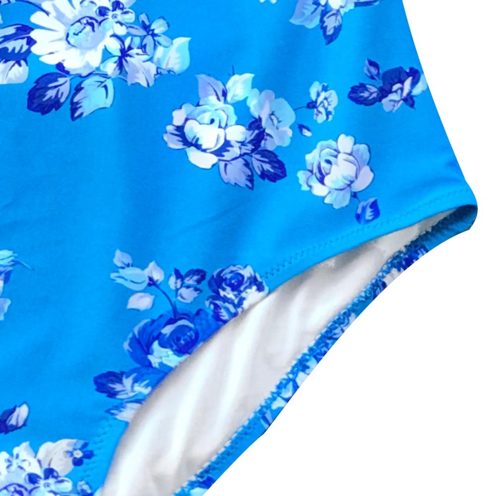 Cute Blue Floral Print One Piece Swimsuit