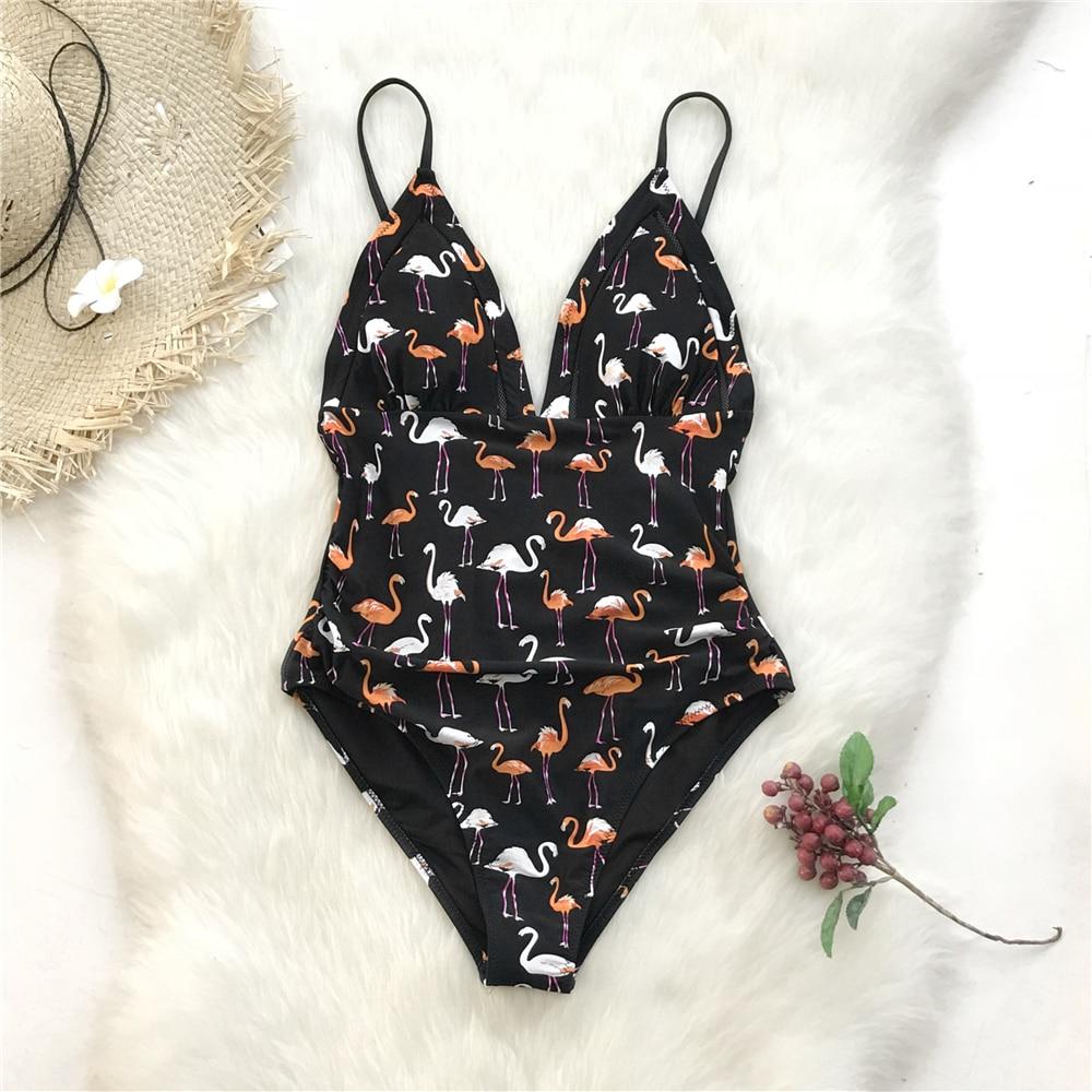 Black Flamingo Print One Piece Swimsuit