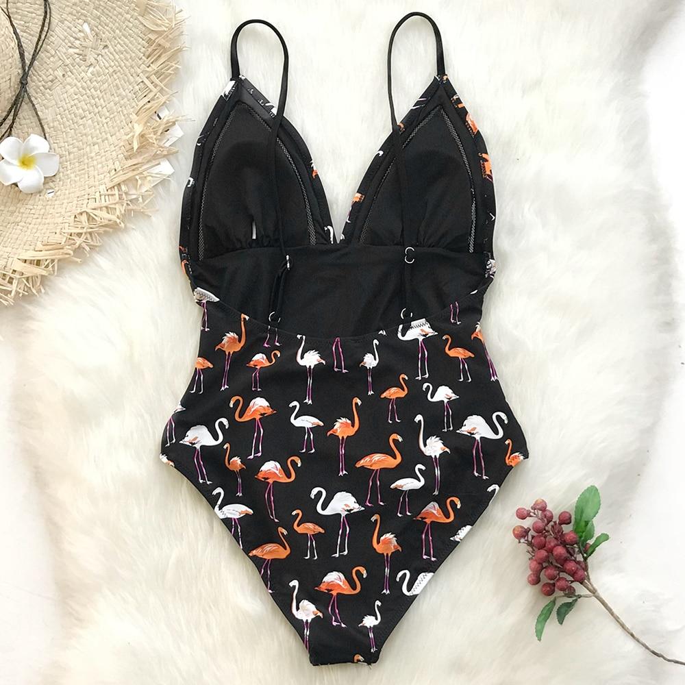 Black Flamingo Print One Piece Swimsuit