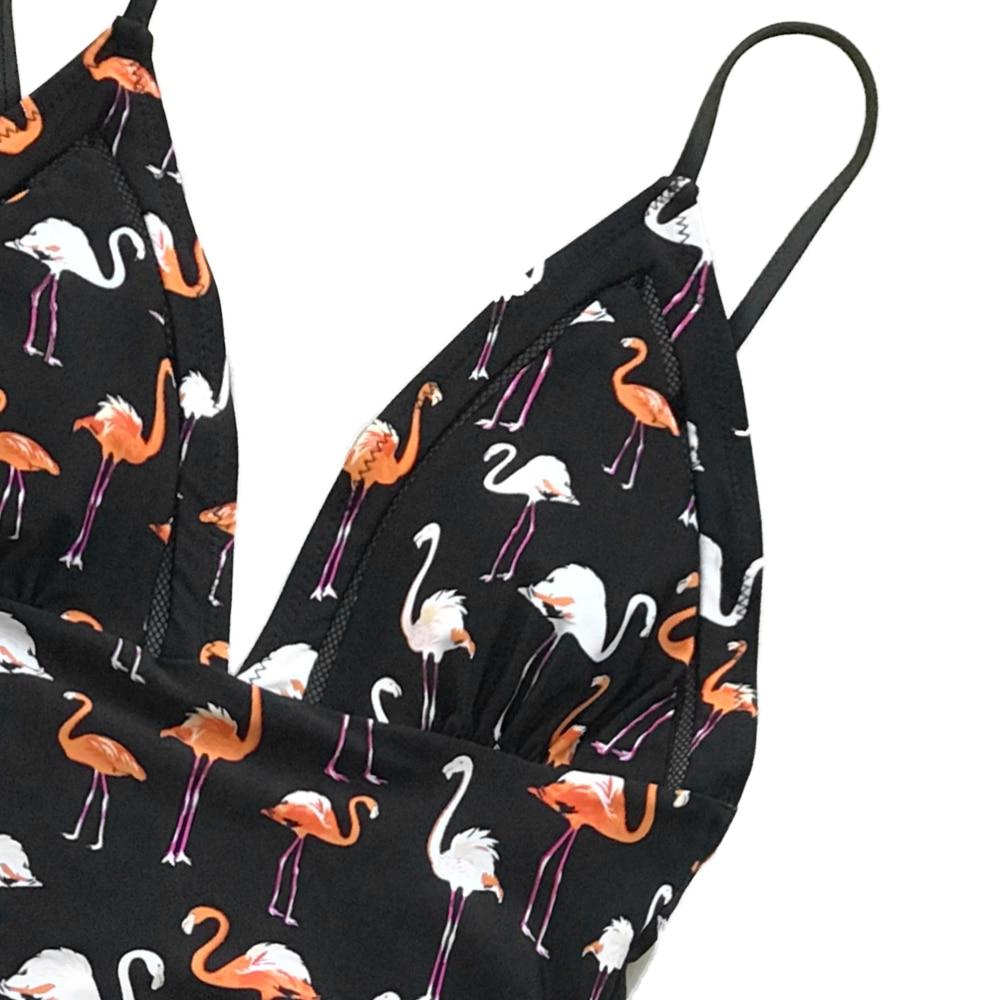 Black Flamingo Print One Piece Swimsuit