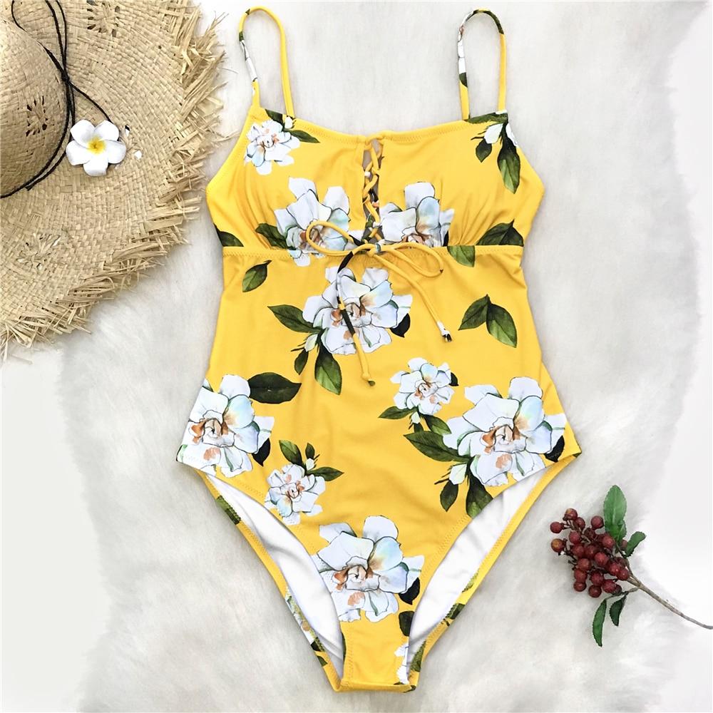 Yellow Floral Print One Piece Swimsuit