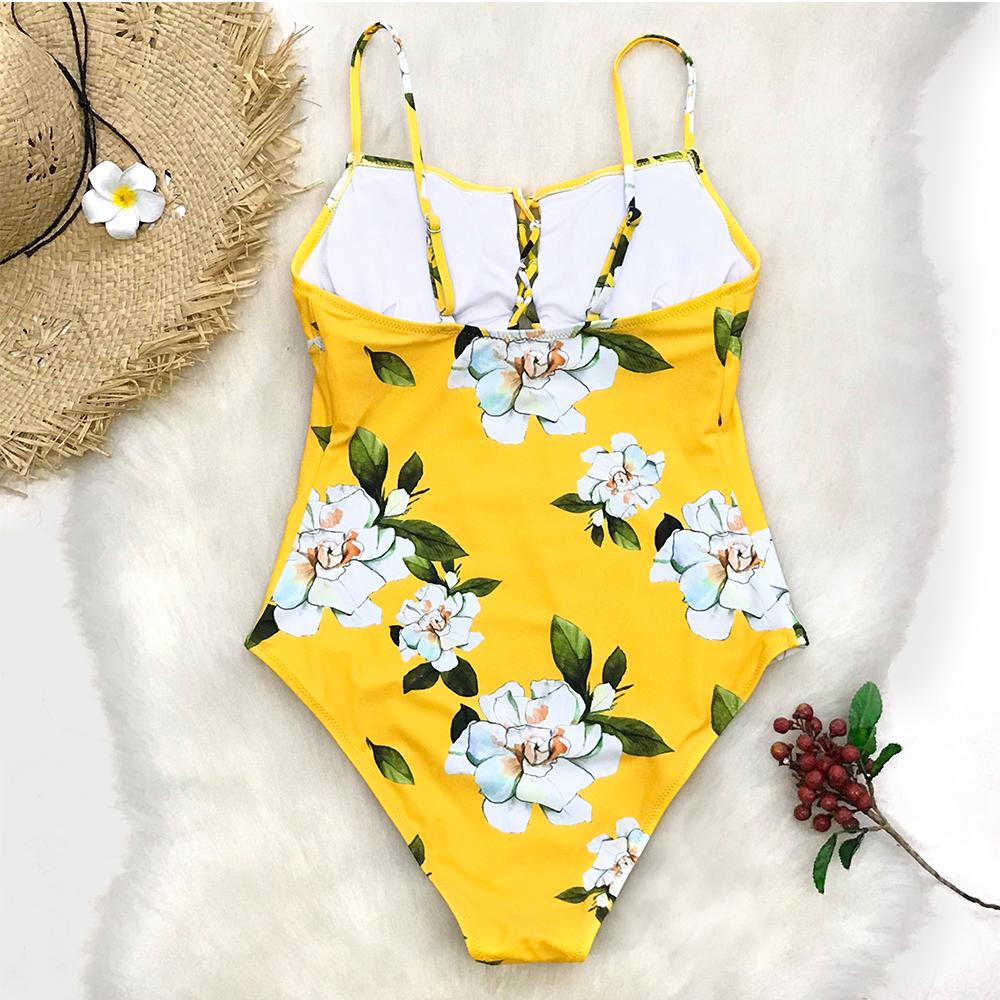 Yellow Floral Print One Piece Swimsuit