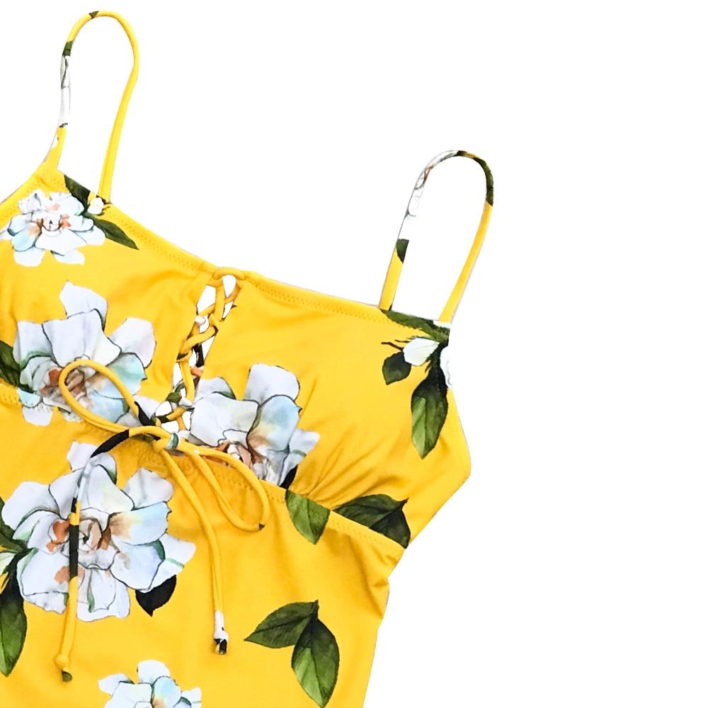 Yellow Floral Print One Piece Swimsuit