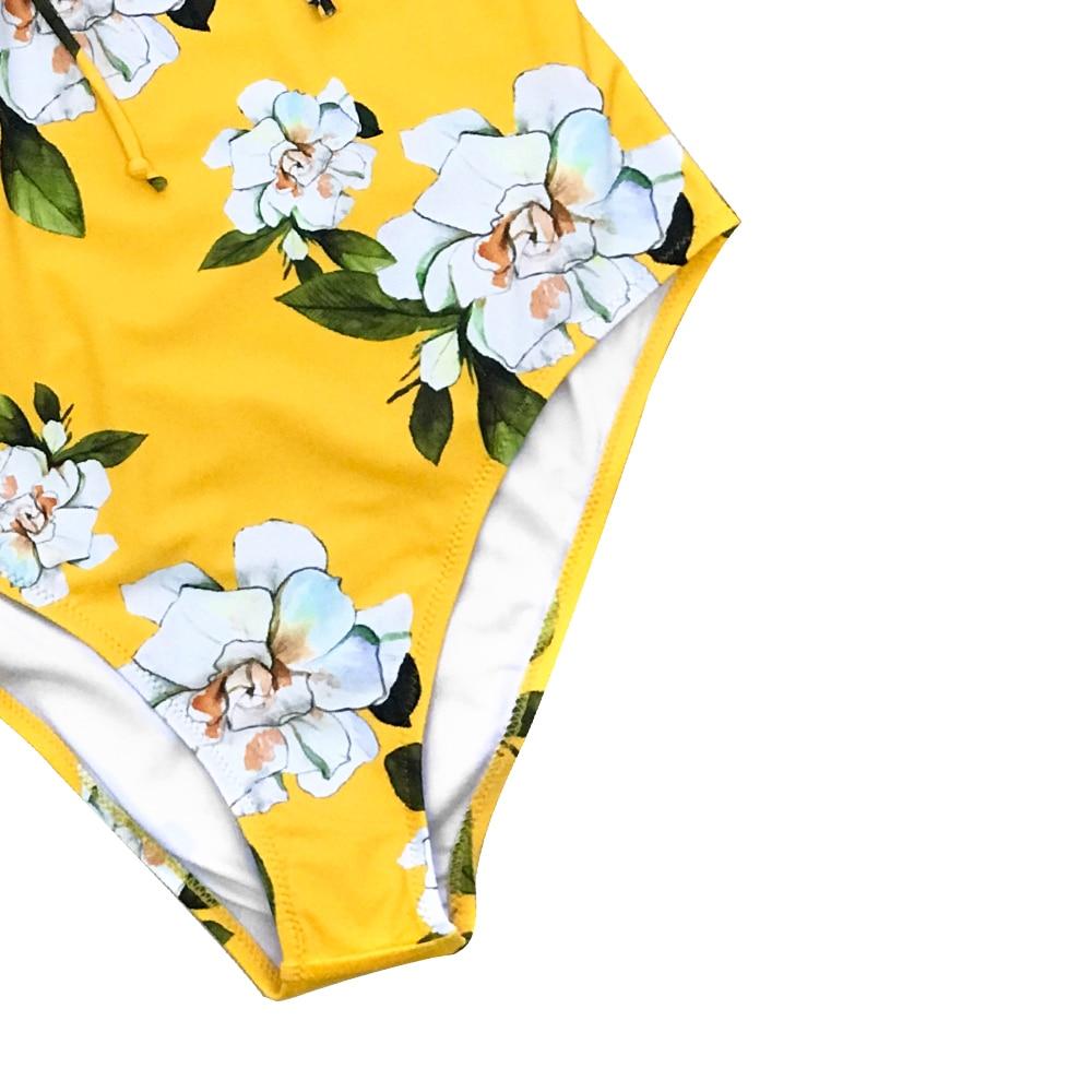 Yellow Floral Print One Piece Swimsuit