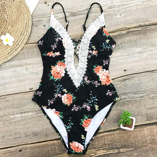 Floral Print Lace One Piece Swimsuit