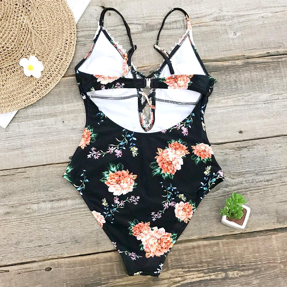 Floral Print Lace One Piece Swimsuit