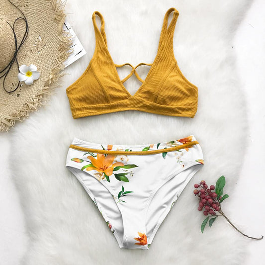 Yellow Floral Print Bikini Set