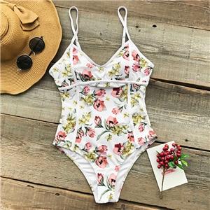 Tropical Pink Floral Print V-neck One Piece Swimsuit